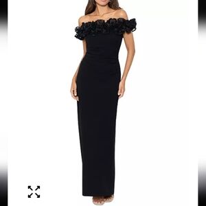 $208 Eliza J Off Shoulder Gown Sz 0P Black Ruched Side Formal Wedding New